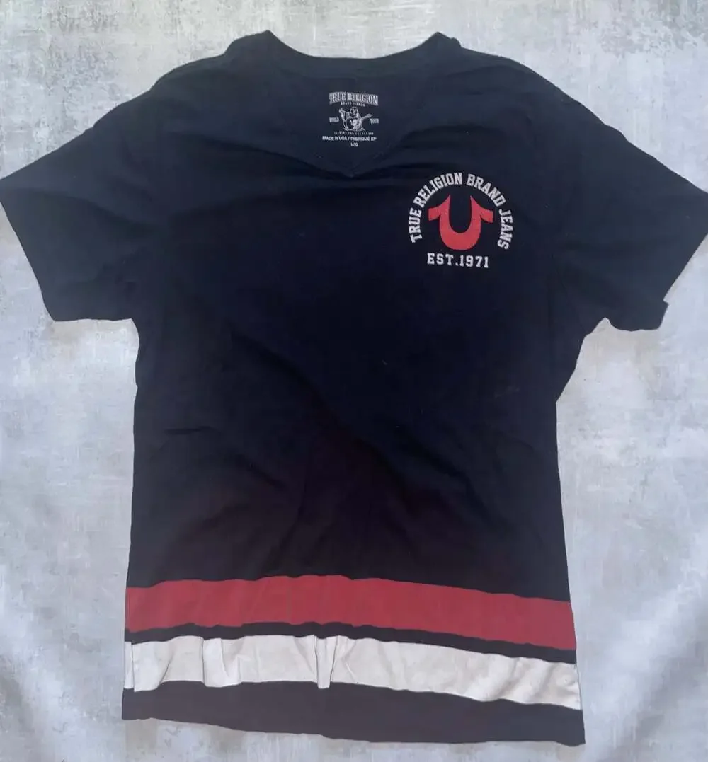 True Religion World Tour Men's V-Neck Graphic T-Shirt Black Red White Stripe
